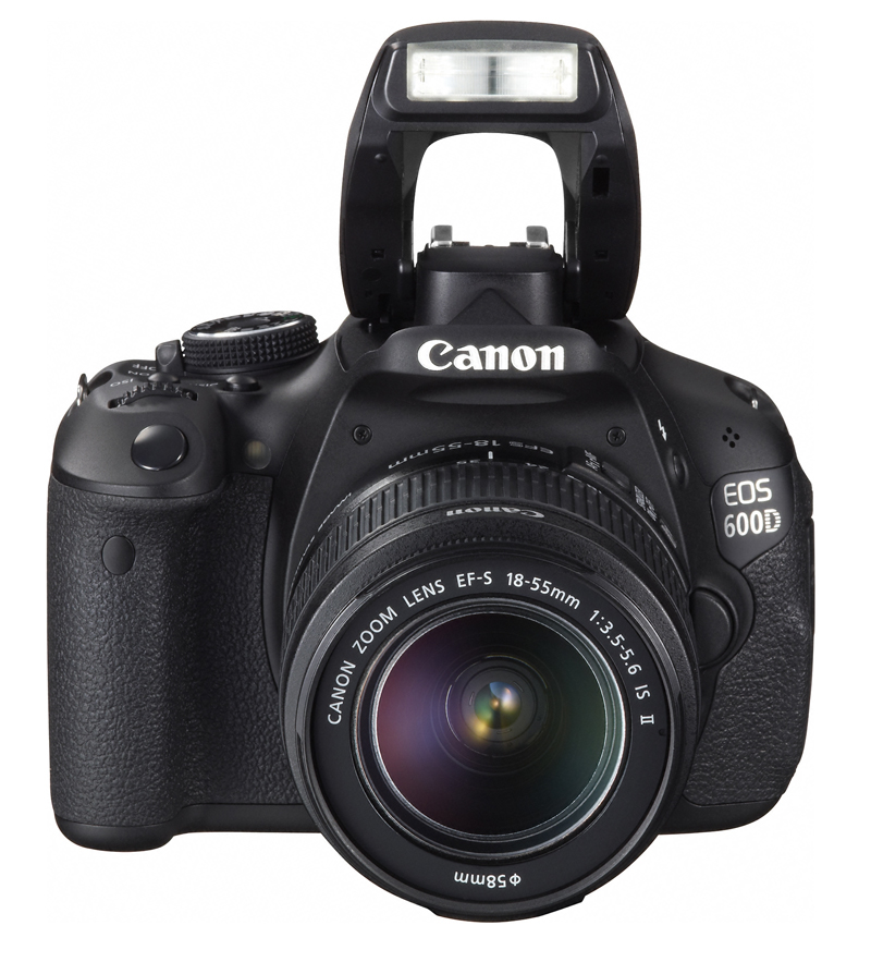Canon EOS 600D front with 18-55mm lens and pop-up flash