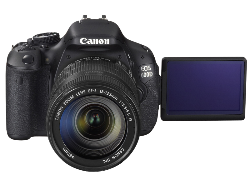 Canon EOS 600D front with 18-55mm lens and vari-angle LCD screen