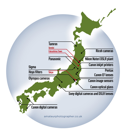 Earthquake map of Japanese camera and lens factories